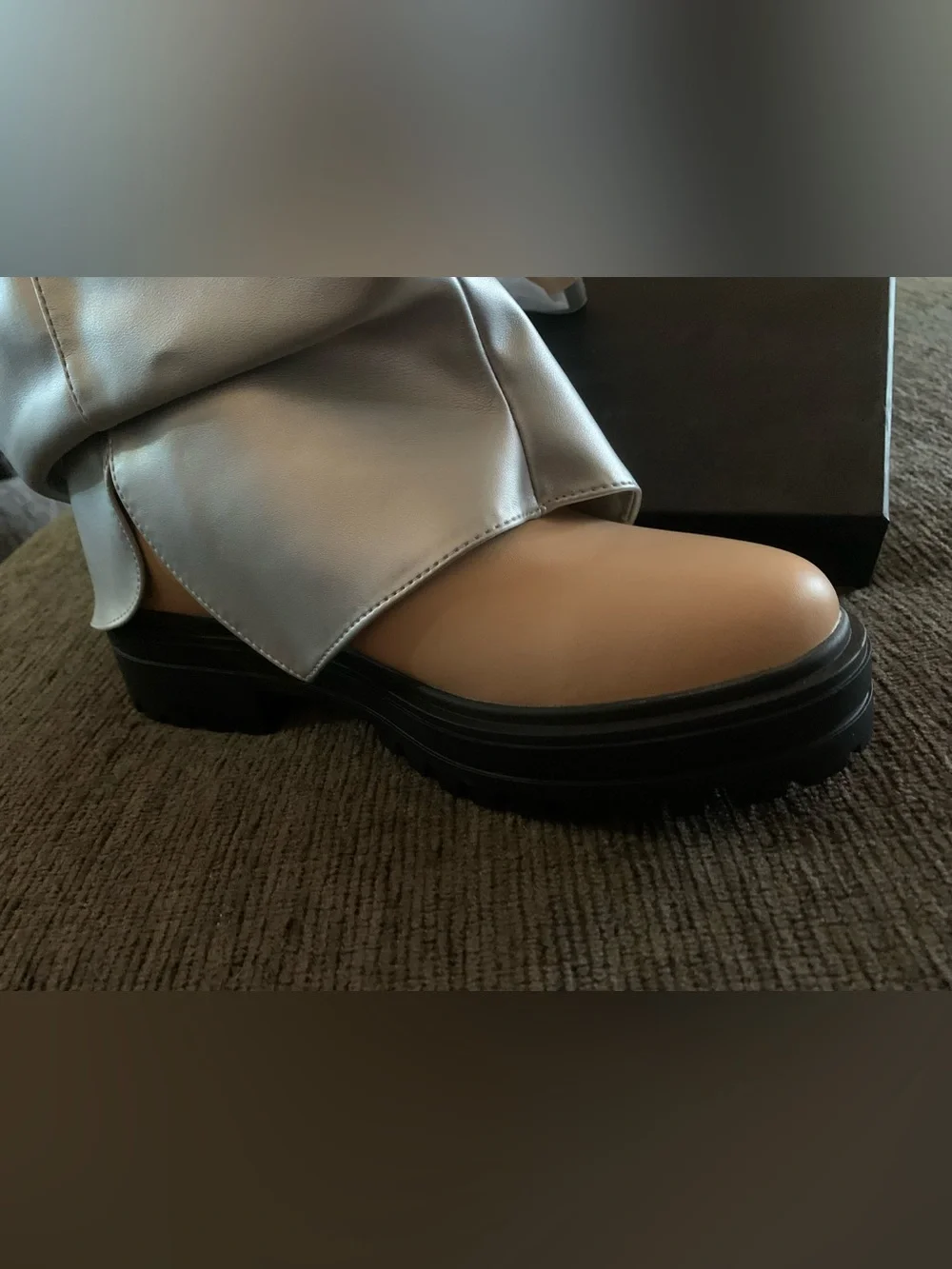 Cape Robbin striking metallic silver fold-over lug-sole boots feature a tan base
